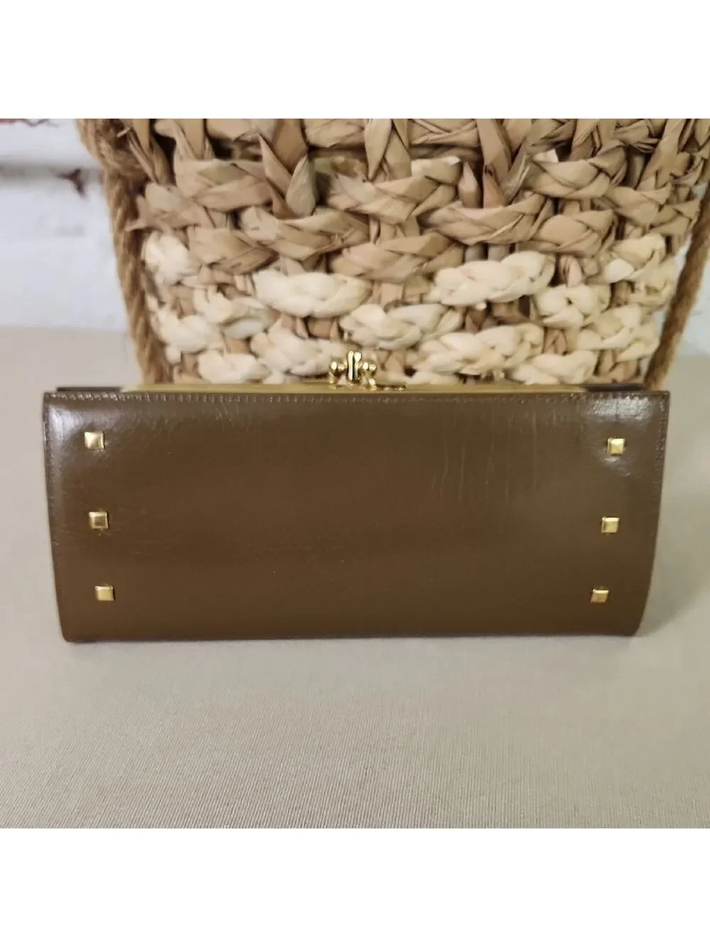 Brown Leather Clutch/ Wallet with Gold Accents Vintage 1960s/70s